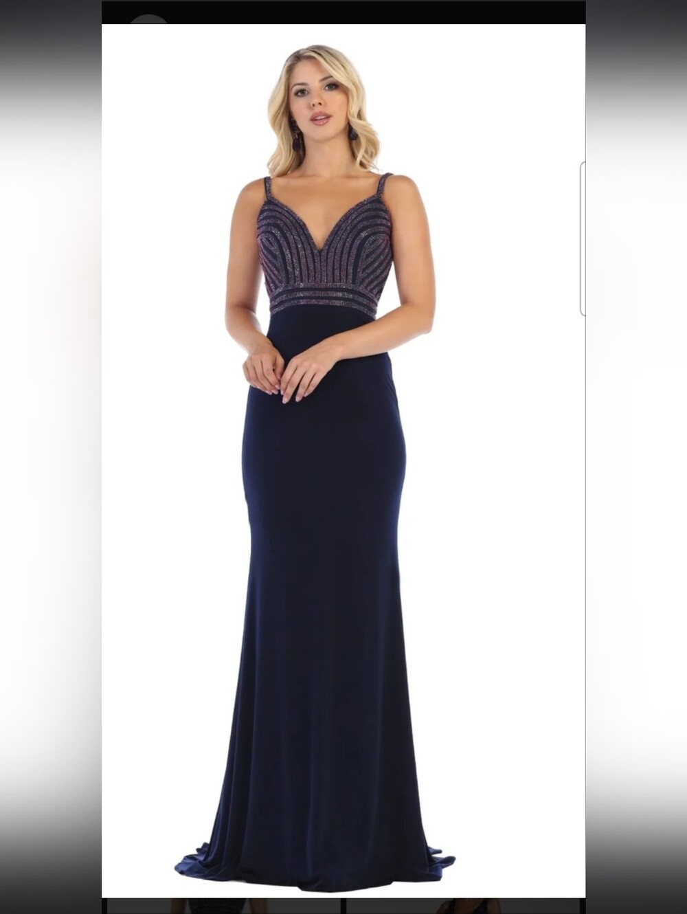 Navy Beaded Spaghetti-Strap Prom Gown